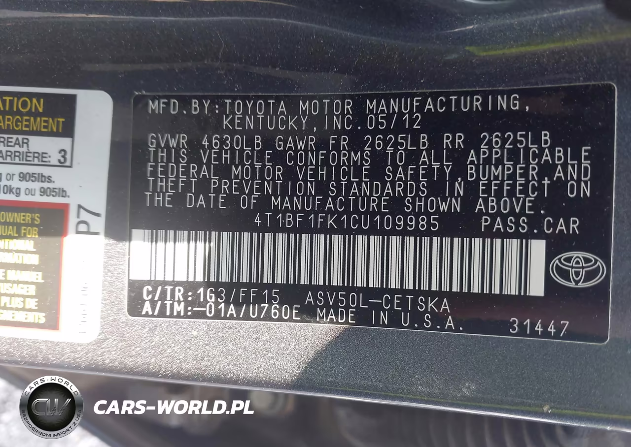 2012 Toyota Camry Se VIN:4T1BF1FK1CU109985 - 9