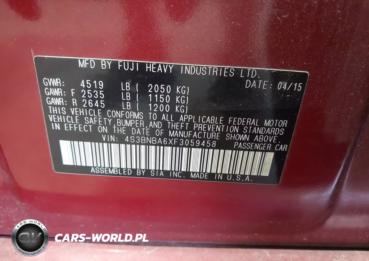 2015 Subaru Legacy 2.5I VIN:4S3BNBA6XF3059458 - 9