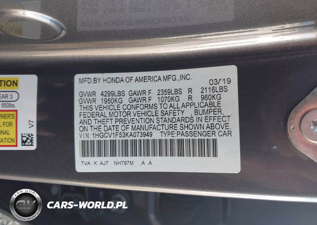 2019 Honda Accord Ex-L VIN:1HGCV1F53KA073949 - 9
