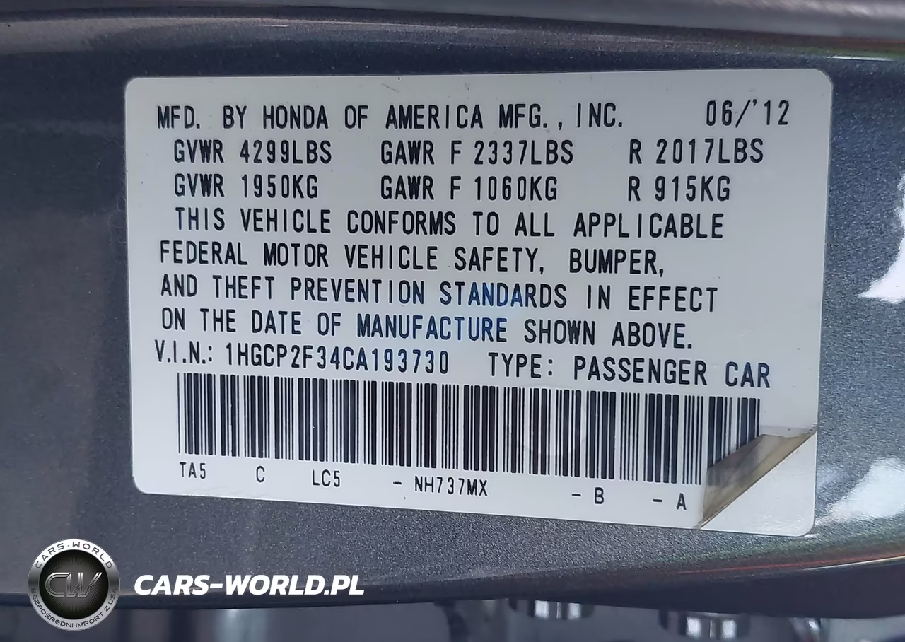 2012 Honda Accord Sdn Lx VIN:1HGCP2F34CA193730 - 9