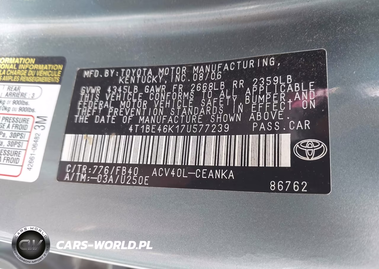 2007 Toyota Camry Le VIN:4T1BE46K17U577239 - 9