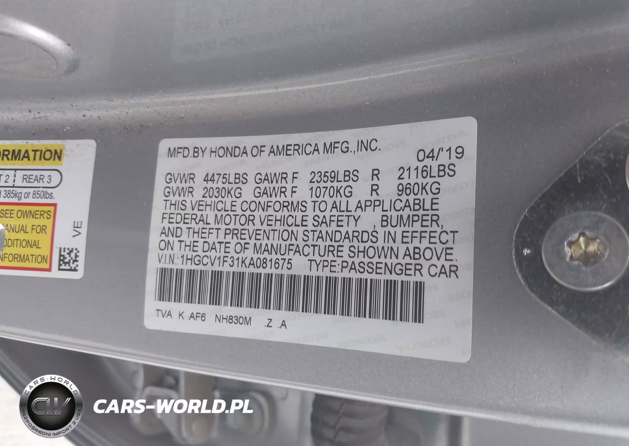 2019 Honda Accord Sport VIN:1HGCV1F31KA081675 - 9