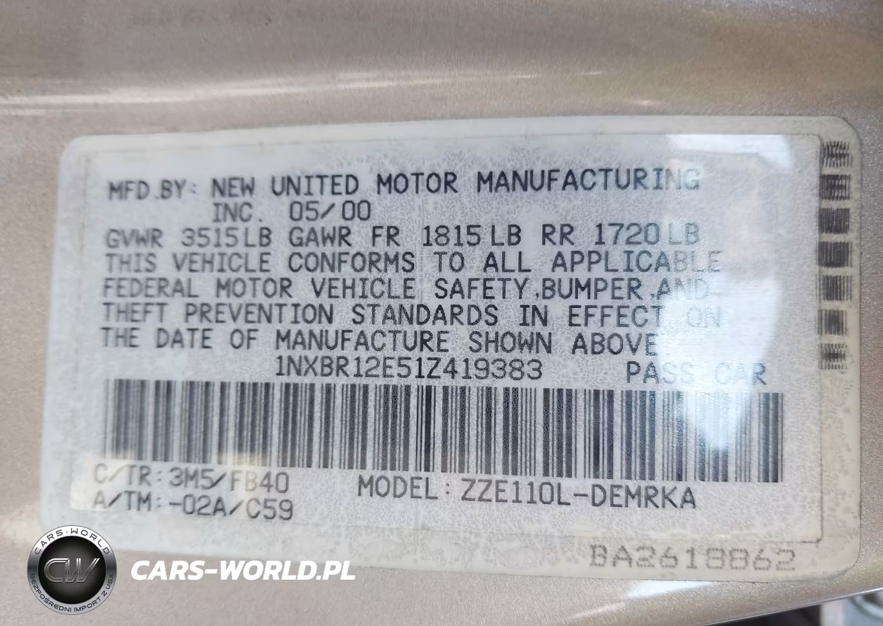 2001 Toyota Corolla Ce VIN:1NXBR12E51Z419383 - 9