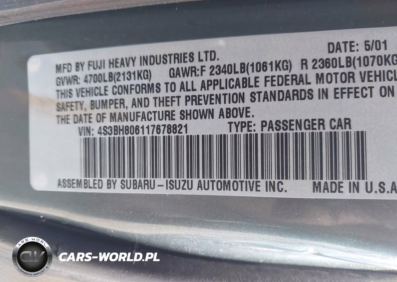 2001 Subaru Outback H6-3.0 VIN:4S3BH806117678821 - 9