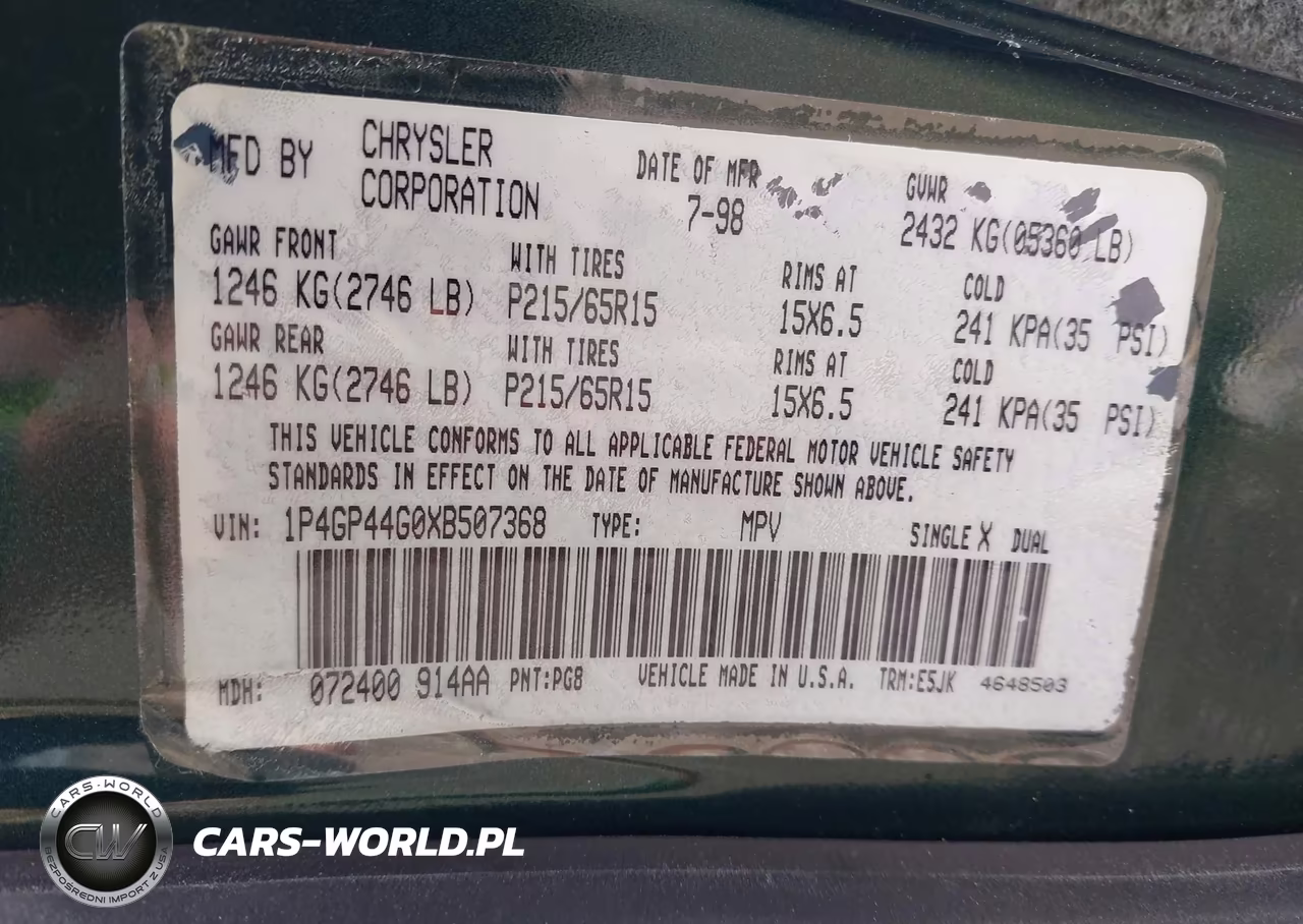 1999 Plymouth Grand Voyager Se VIN:1P4GP44G0XB507368 - 9
