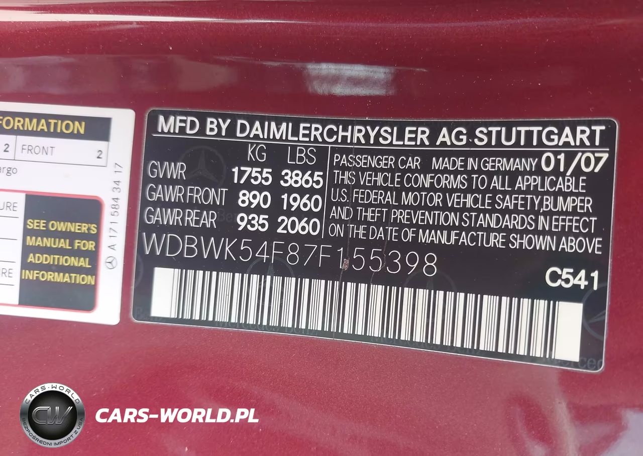 2007 Mercedes-Benz Slk 280 VIN:WDBWK54F87F155398 - 9