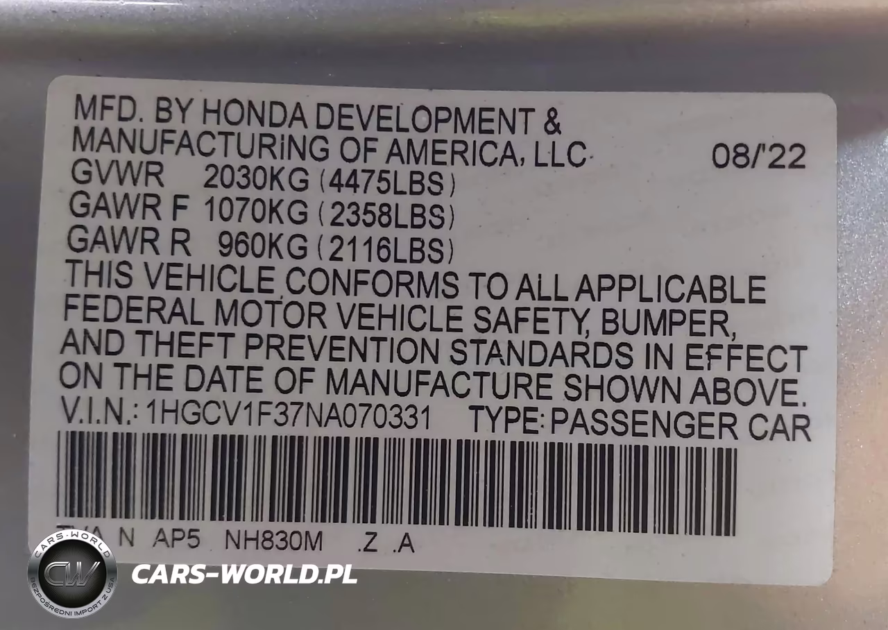 2022 Honda Accord Sport VIN:1HGCV1F37NA070331 - 9