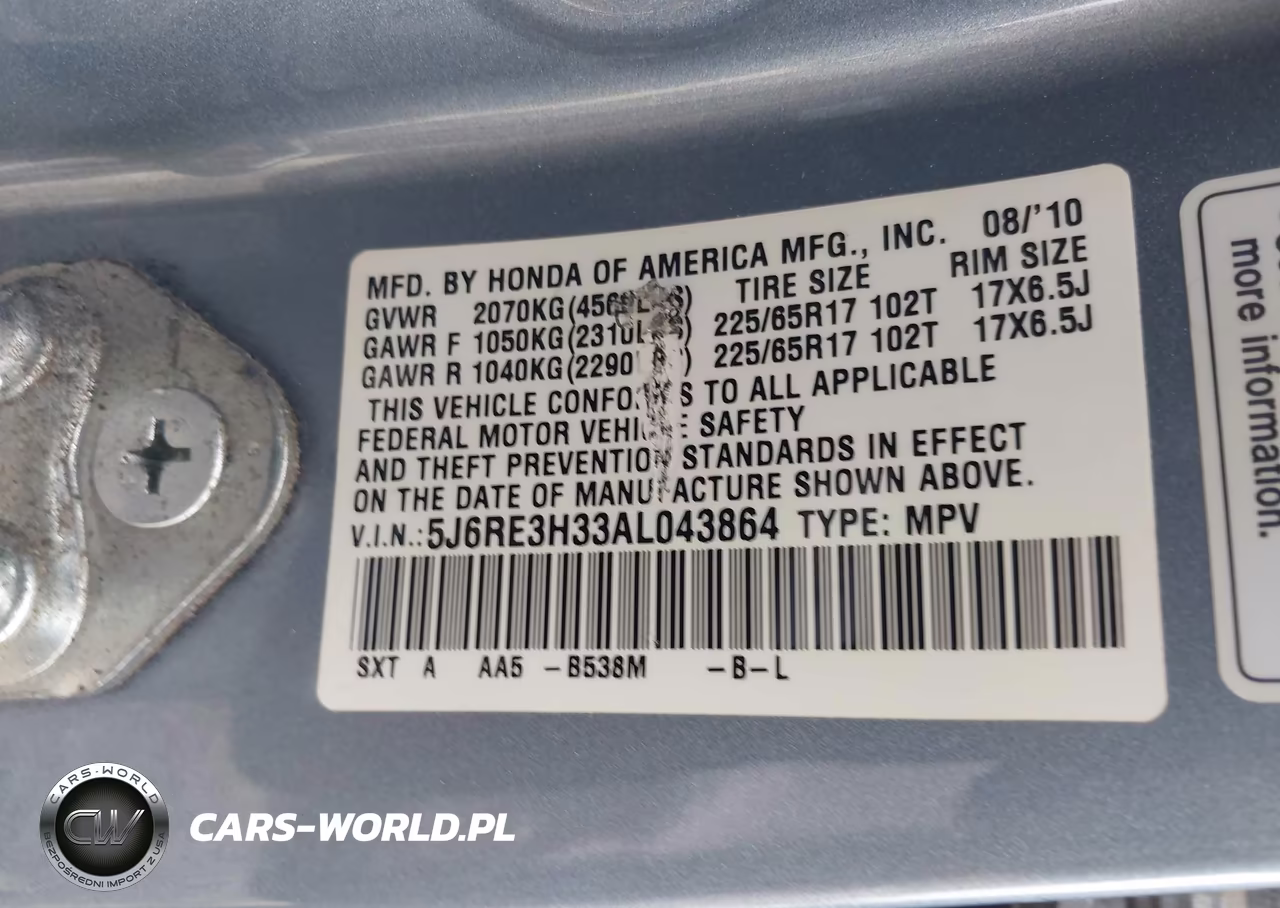 2010 Honda Cr-V Lx VIN:5J6RE3H33AL043864 - 9