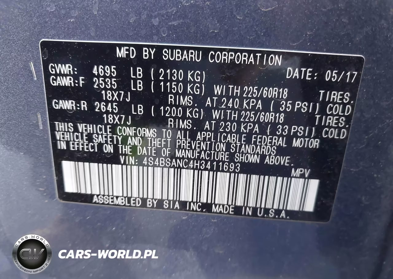 2017 Subaru Outback 2.5I Limited VIN:4S4BSANC4H3411693 - 9