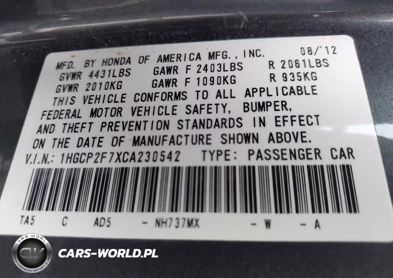 2012 Honda Accord 2.4 Ex VIN:1HGCP2F7XCA230542 - 9