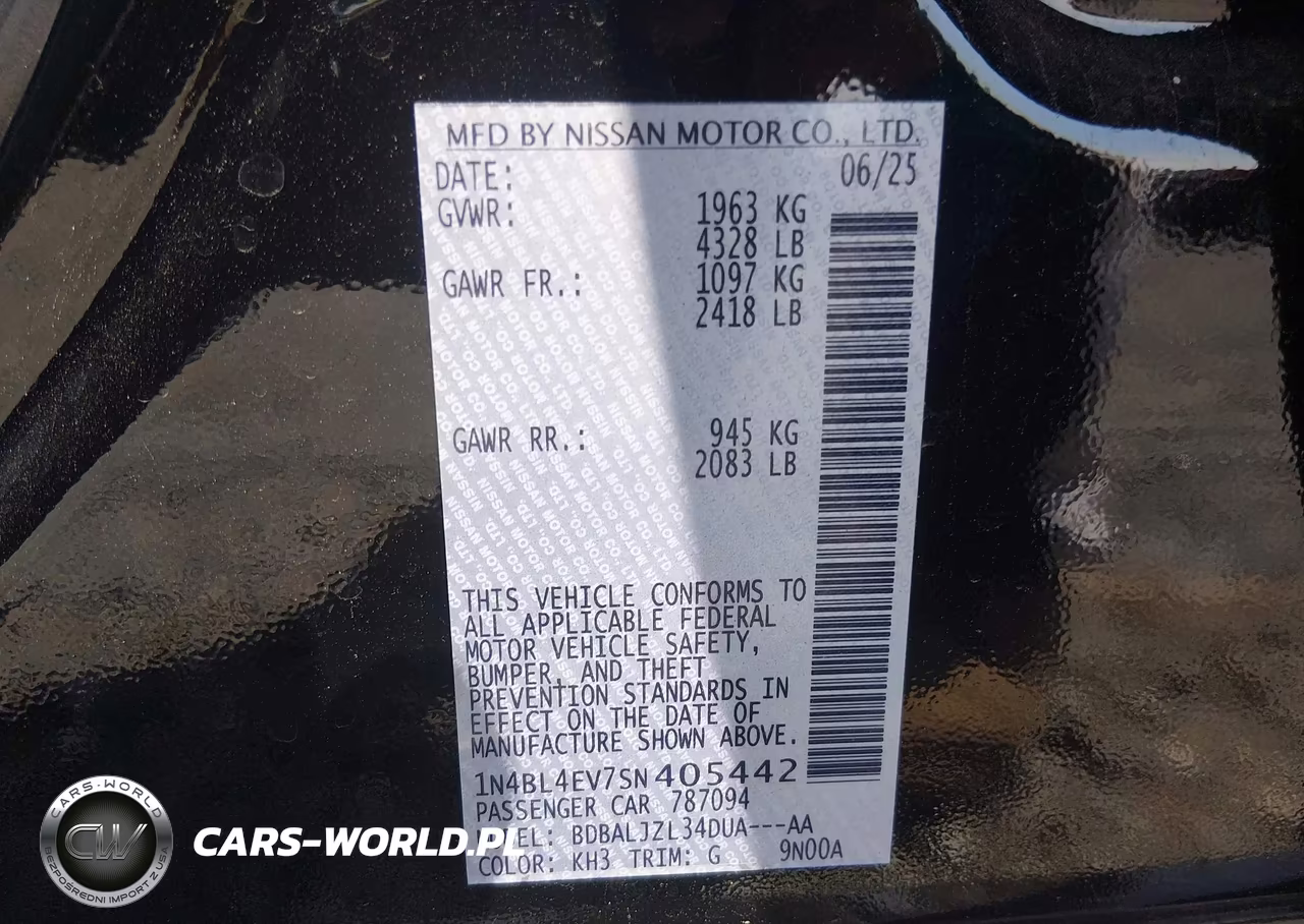 2025 Nissan Altima Sl Fwd VIN:1N4BL4EV7SN405442 - 9