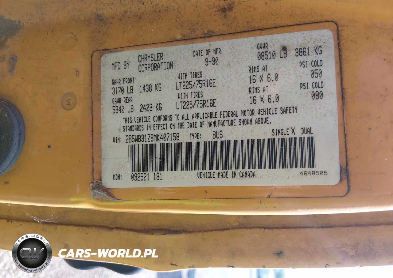 1991 Dodge Ram Wagon B350 Bus VIN:2B5WB31Z8MK407158 - 9