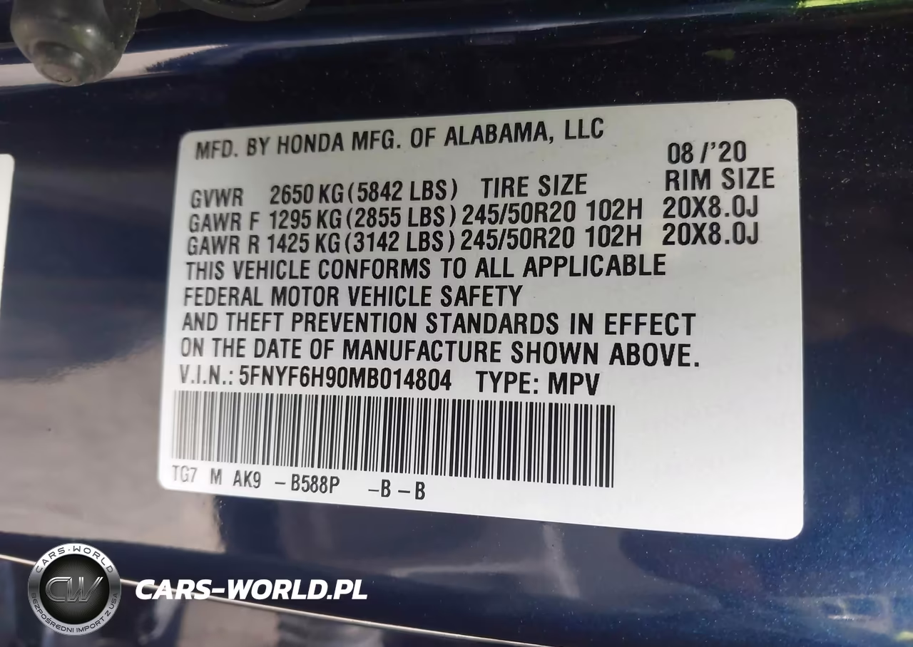 2021 Honda Pilot Awd Touring 8 Passenger VIN:5FNYF6H90MB014804 - 9