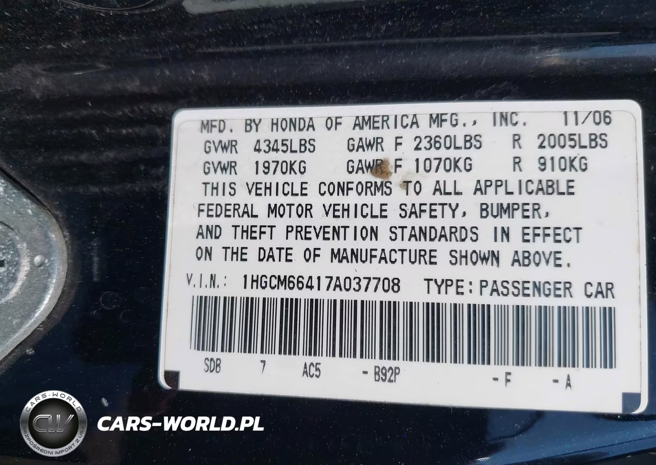 2007 Honda Accord 3.0 Se VIN:1HGCM66417A037708 - 9