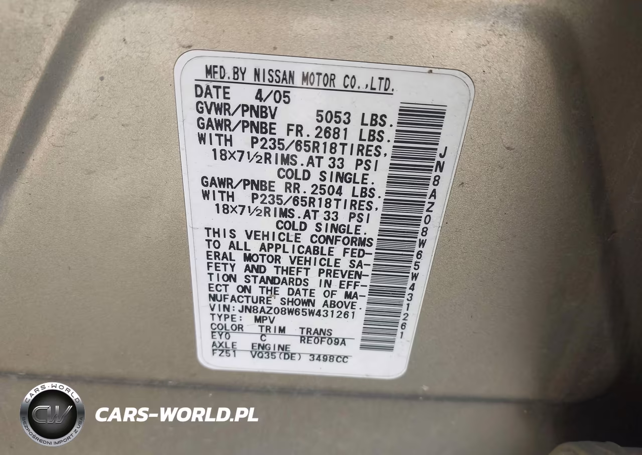 2005 Nissan Murano Se VIN:JN8AZ08W65W431261 - 9
