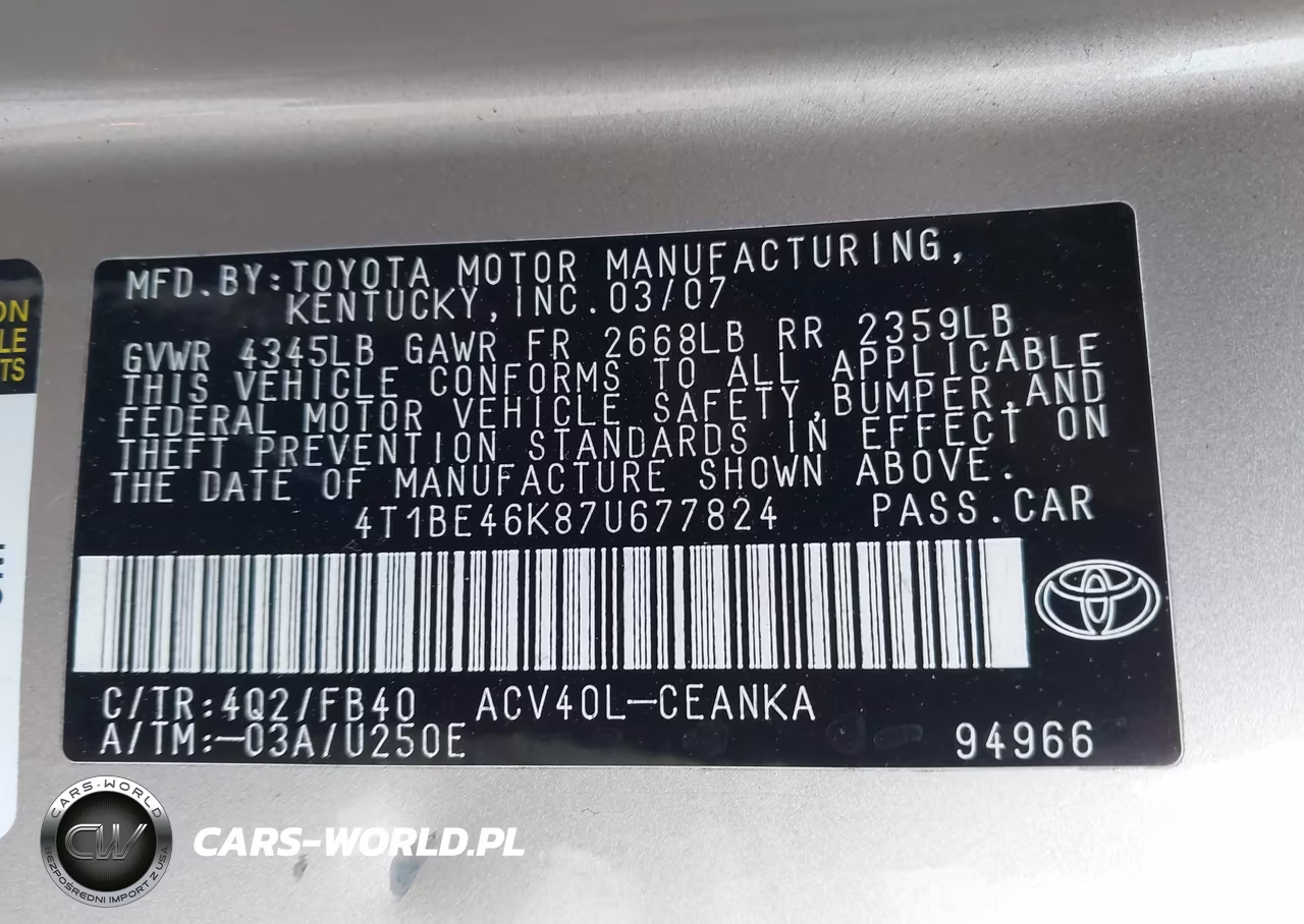 2007 Toyota Camry Le VIN:4T1BE46K87U677824 - 9