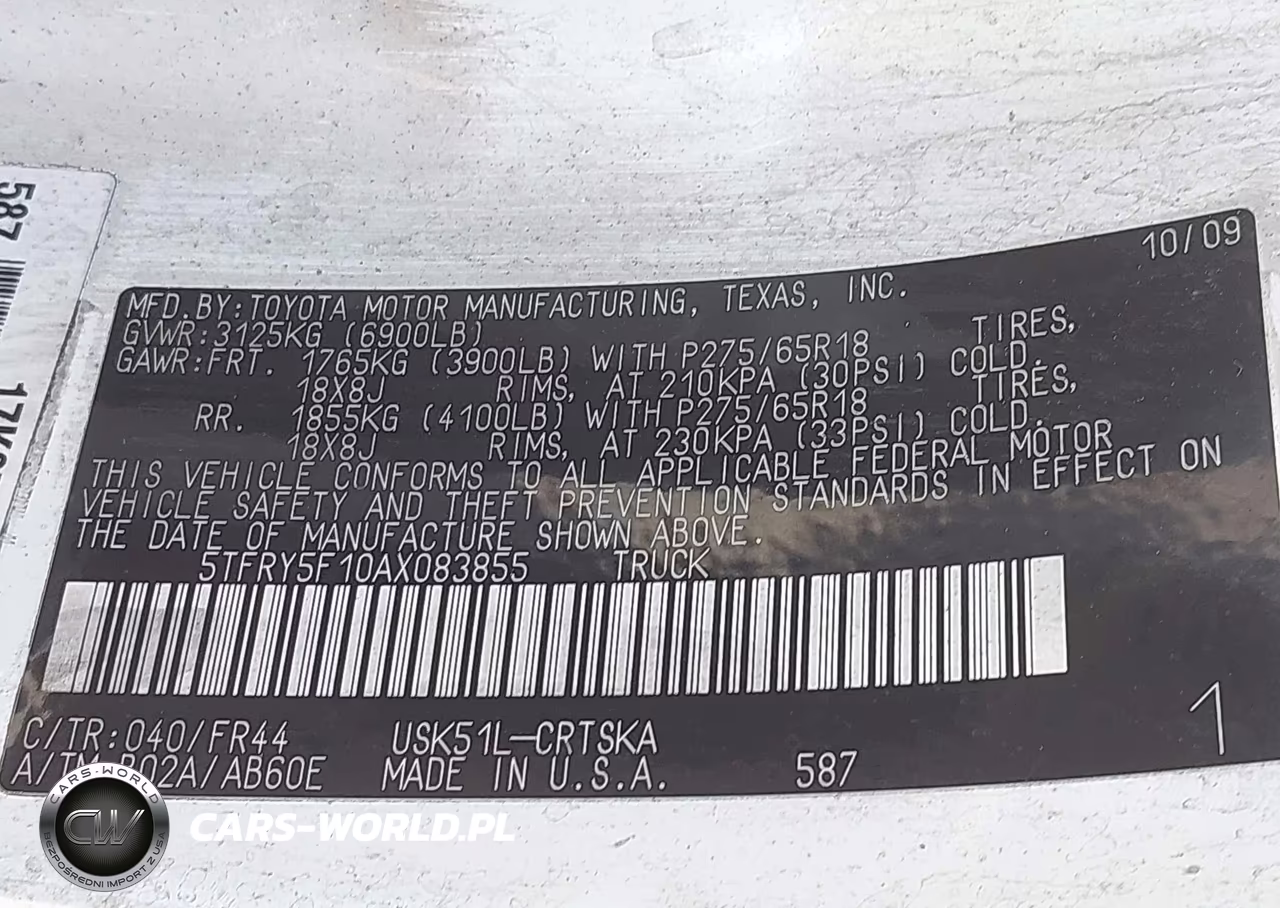 2010 Toyota Tundra Grade 5.7L V8 VIN:5TFRY5F10AX083855 - 9