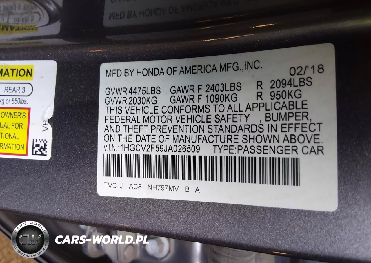 2018 Honda Accord Ex-L 2.0T VIN:1HGCV2F59JA026509 - 9