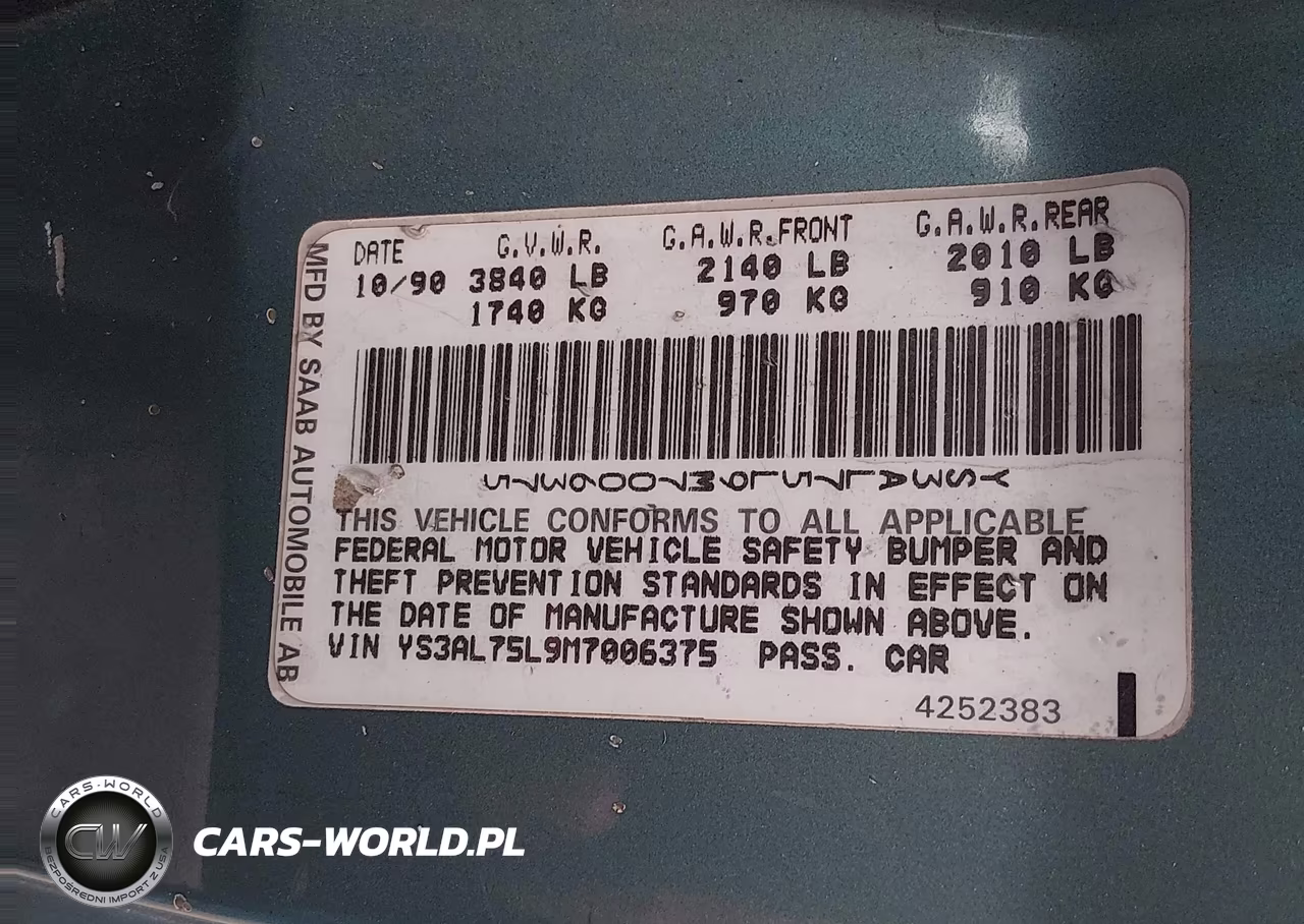 1991 Saab 900 Se VIN:YS3AL75L9M7006375 - 9