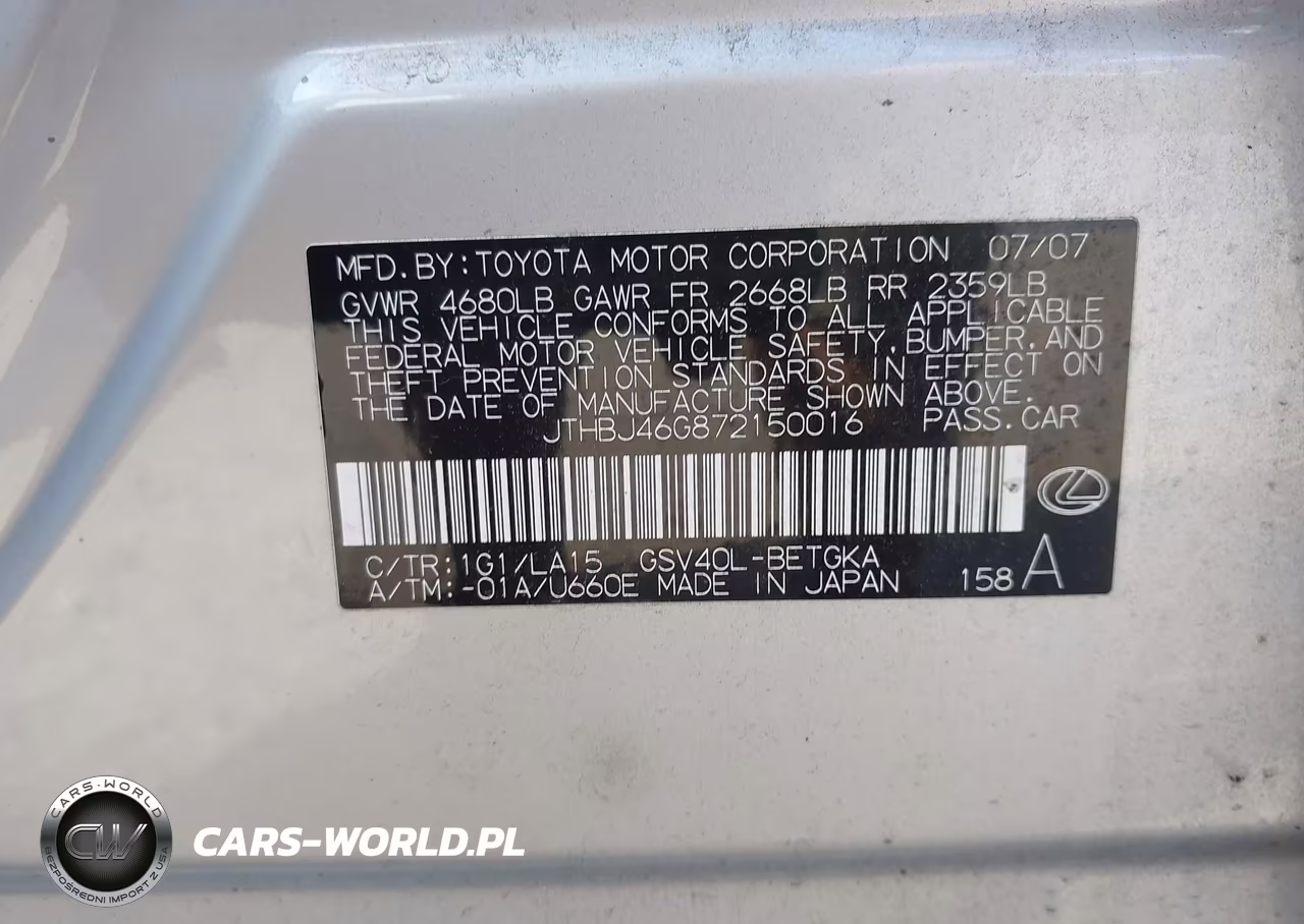 2007 Lexus Es 350 VIN:JTHBJ46G872150016 - 9