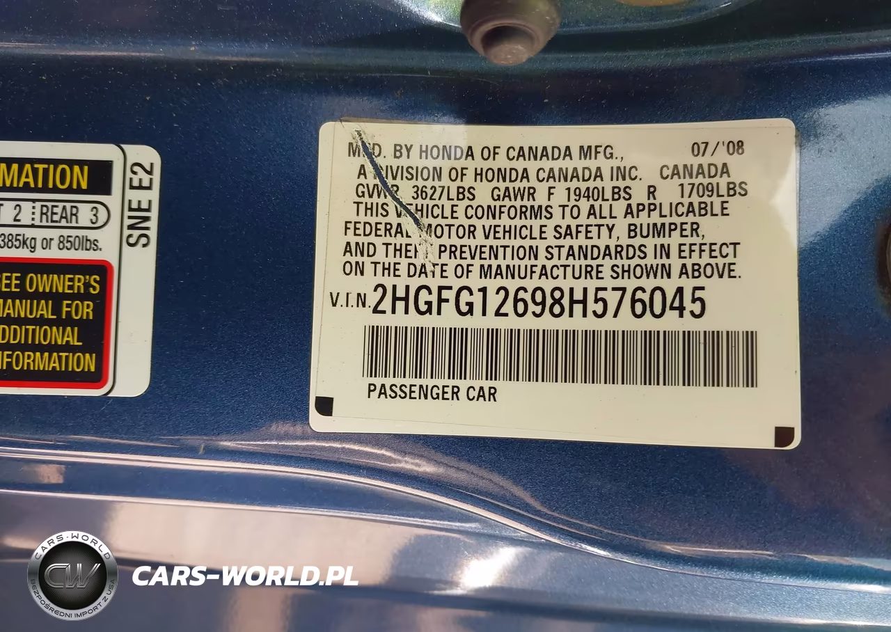 2008 Honda Civic Lx VIN:2HGFG12698H576045 - 9