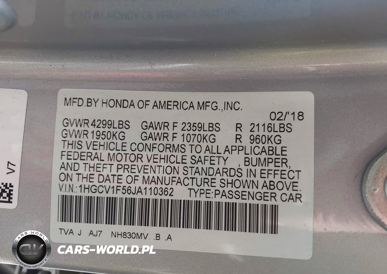 2018 Honda Accord Ex-L VIN:1HGCV1F56JA110362 - 9