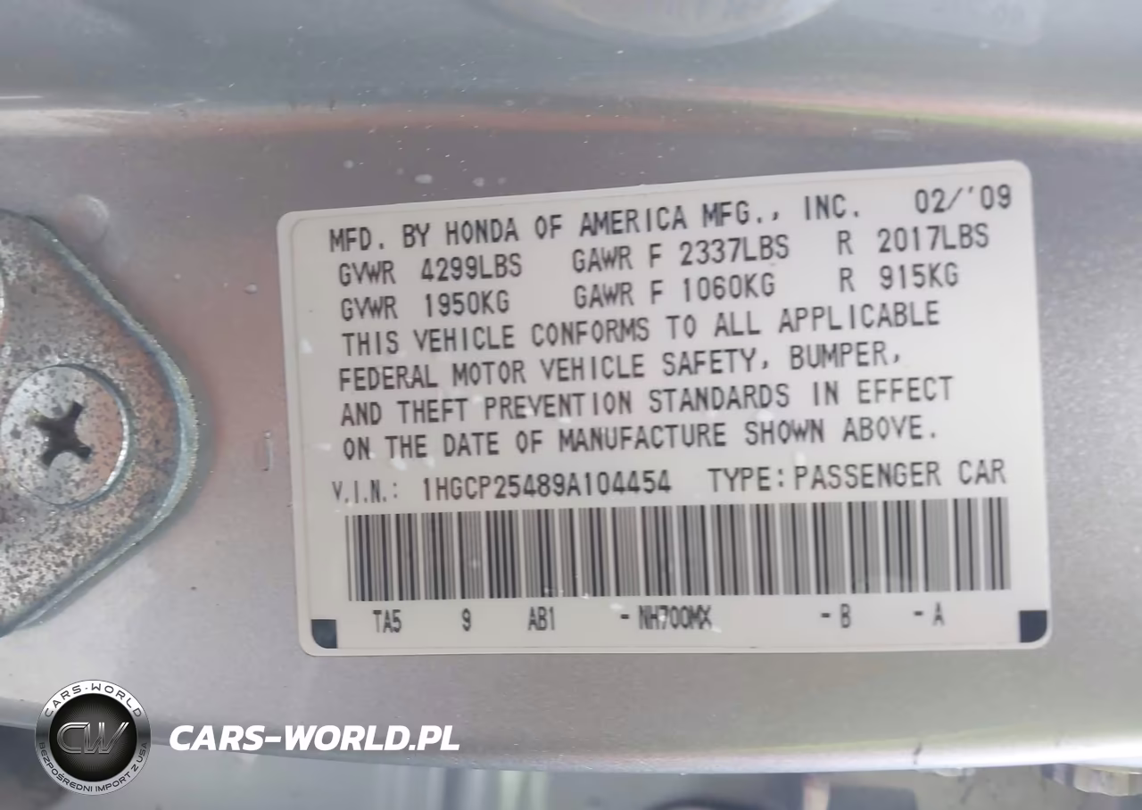 2009 Honda Accord 2.4 Lx-P VIN:1HGCP25489A104454 - 9