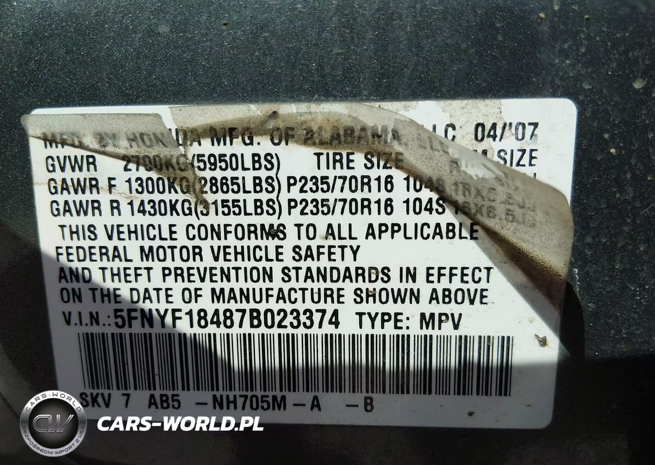 2007 Honda Pilot Ex VIN:5FNYF18487B023374 - 9