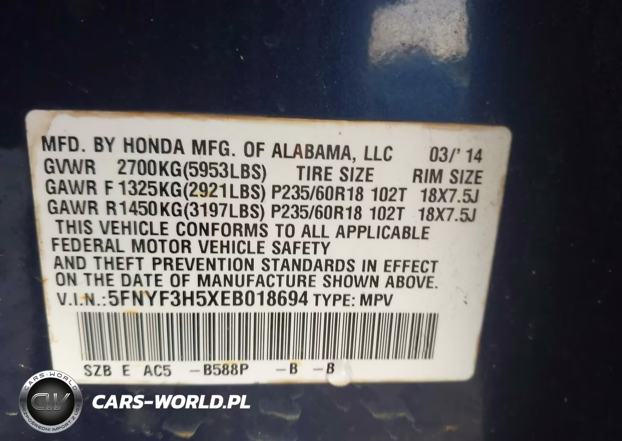 2014 Honda Pilot Ex-L VIN:5FNYF3H5XEB018694 - 9