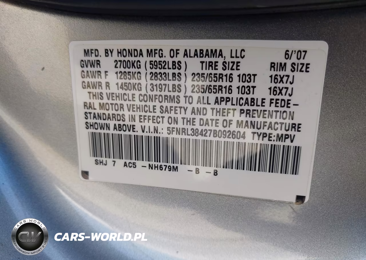 2007 Honda Odyssey Ex VIN:5FNRL38427B092604 - 9