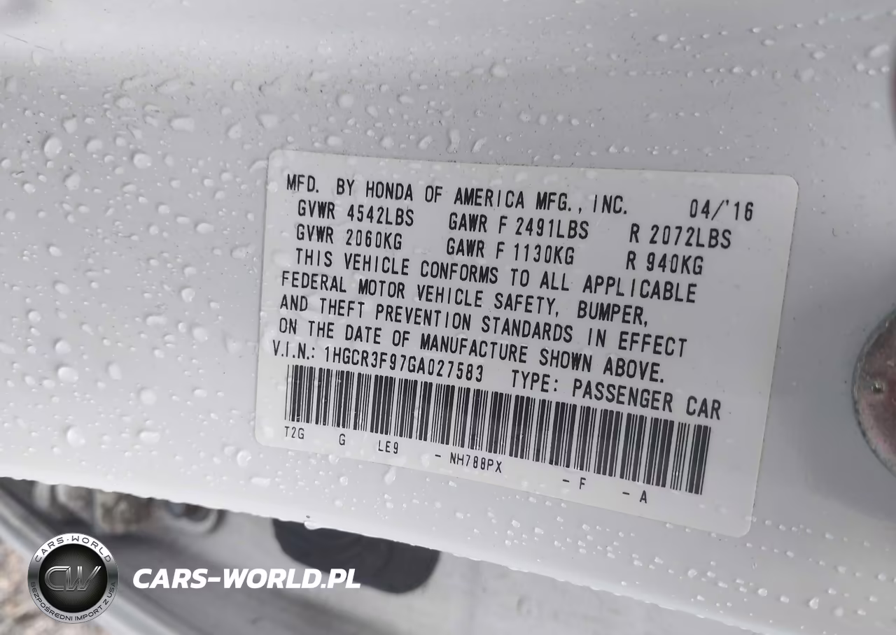 2016 Honda Accord Touring VIN:1HGCR3F97GA027583 - 9