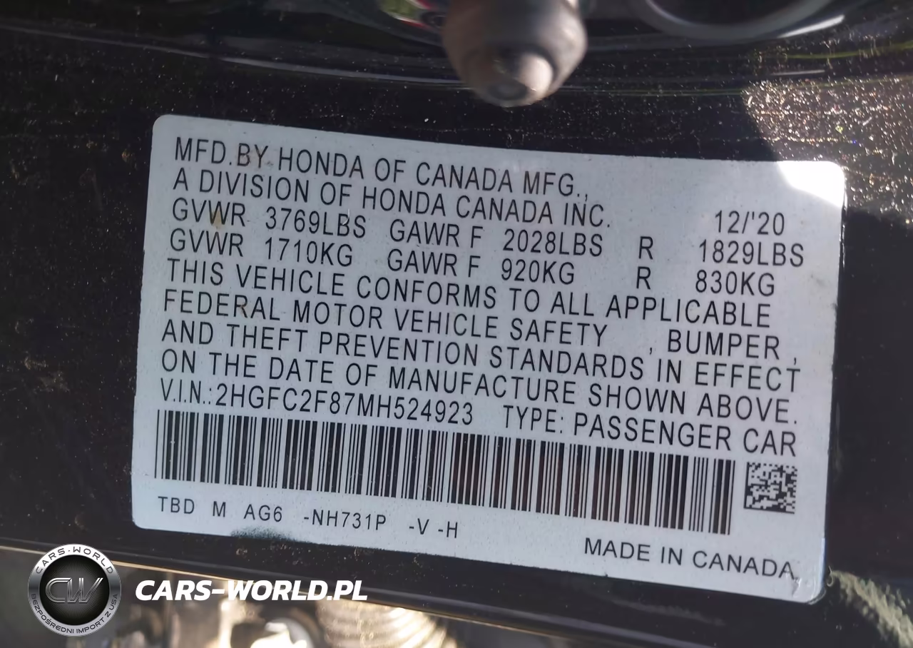 2021 Honda Civic Sport VIN:2HGFC2F87MH524923 - 9