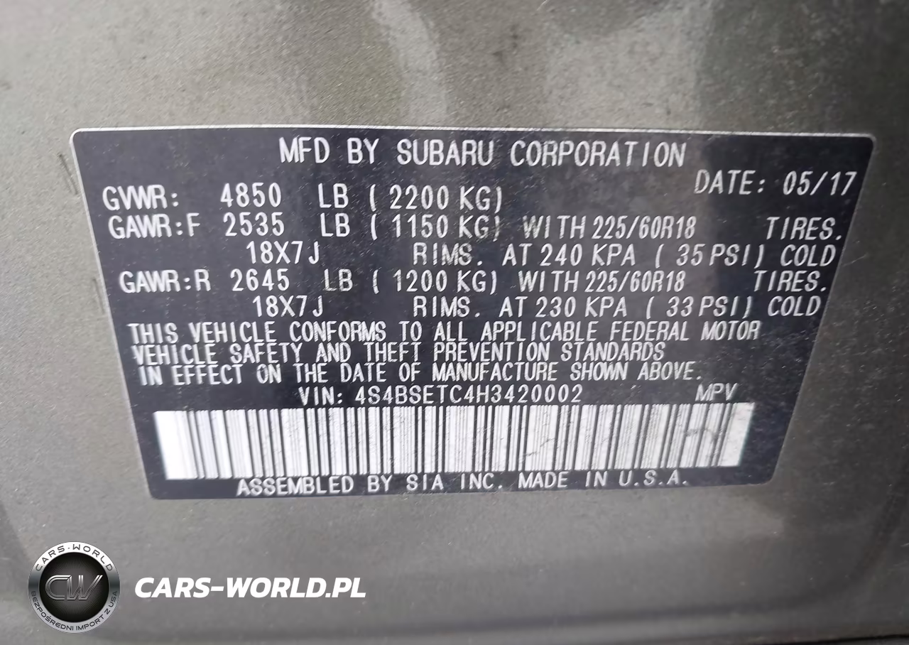 2017 Subaru Outback 3.6R Touring VIN:4S4BSETC4H3420002 - 9