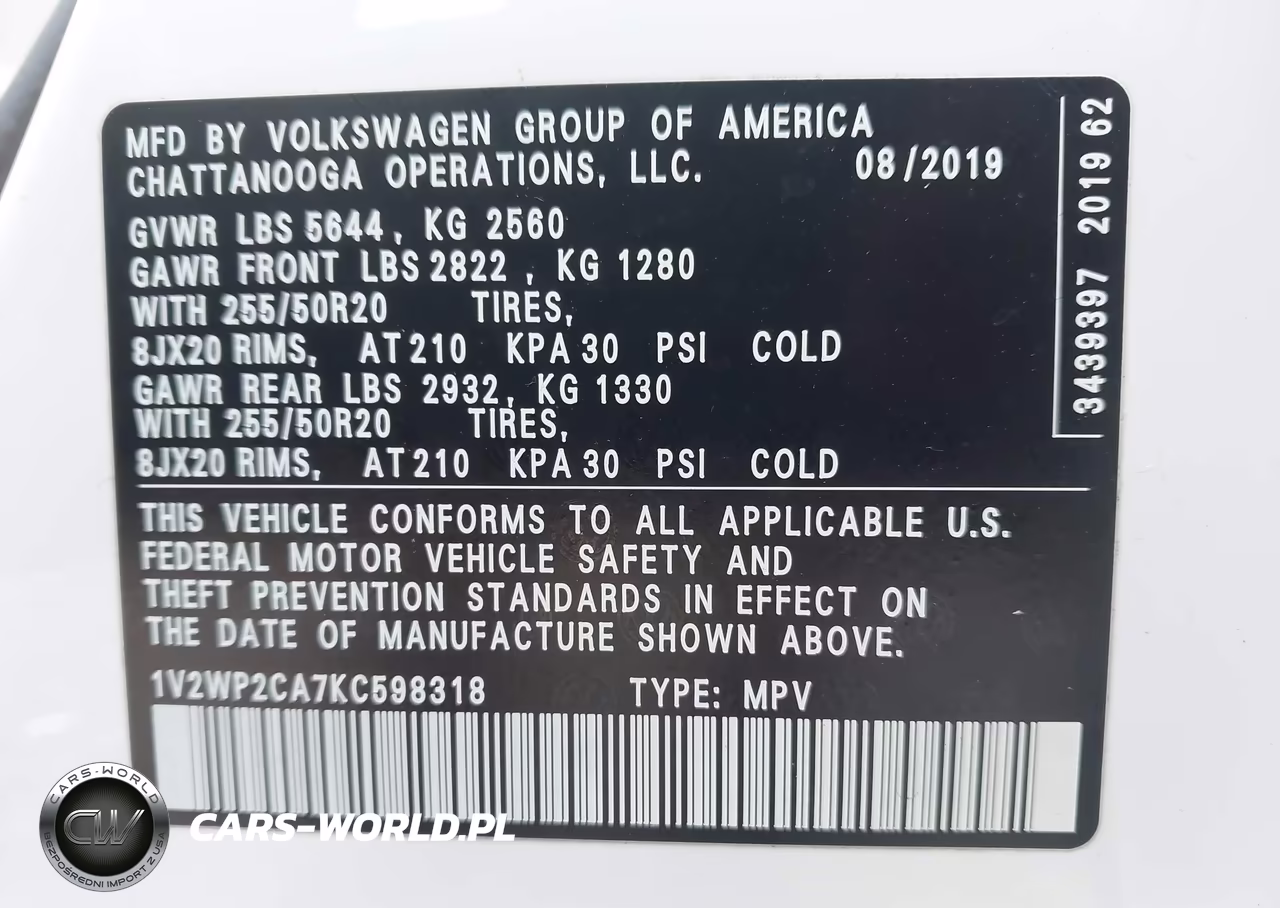 2019 Volkswagen Atlas 2.0T Se W-Technology VIN:1V2WP2CA7KC598318 - 9