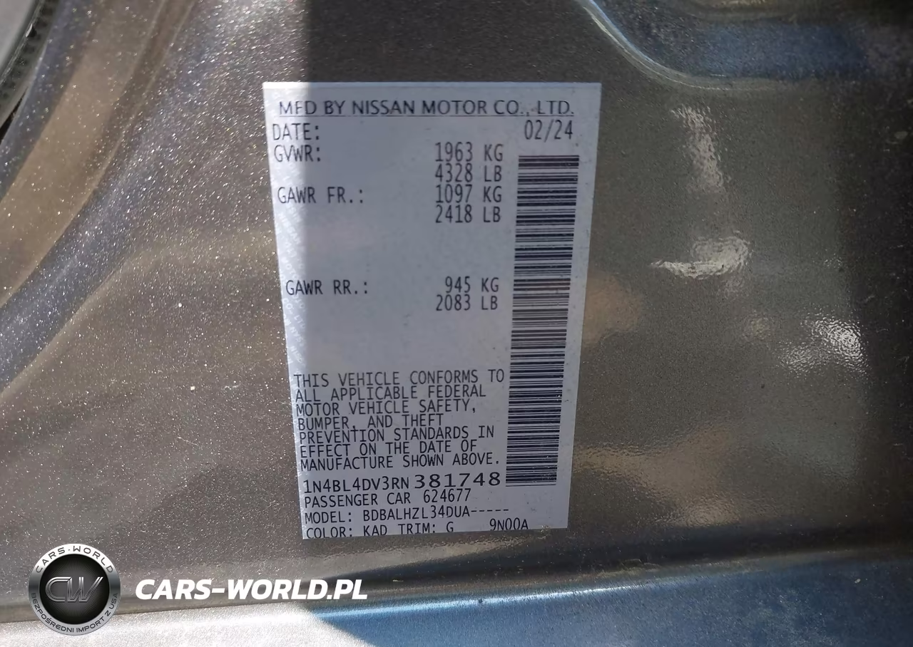2024 Nissan Altima Sv Fwd VIN:1N4BL4DV3RN381748 - 9