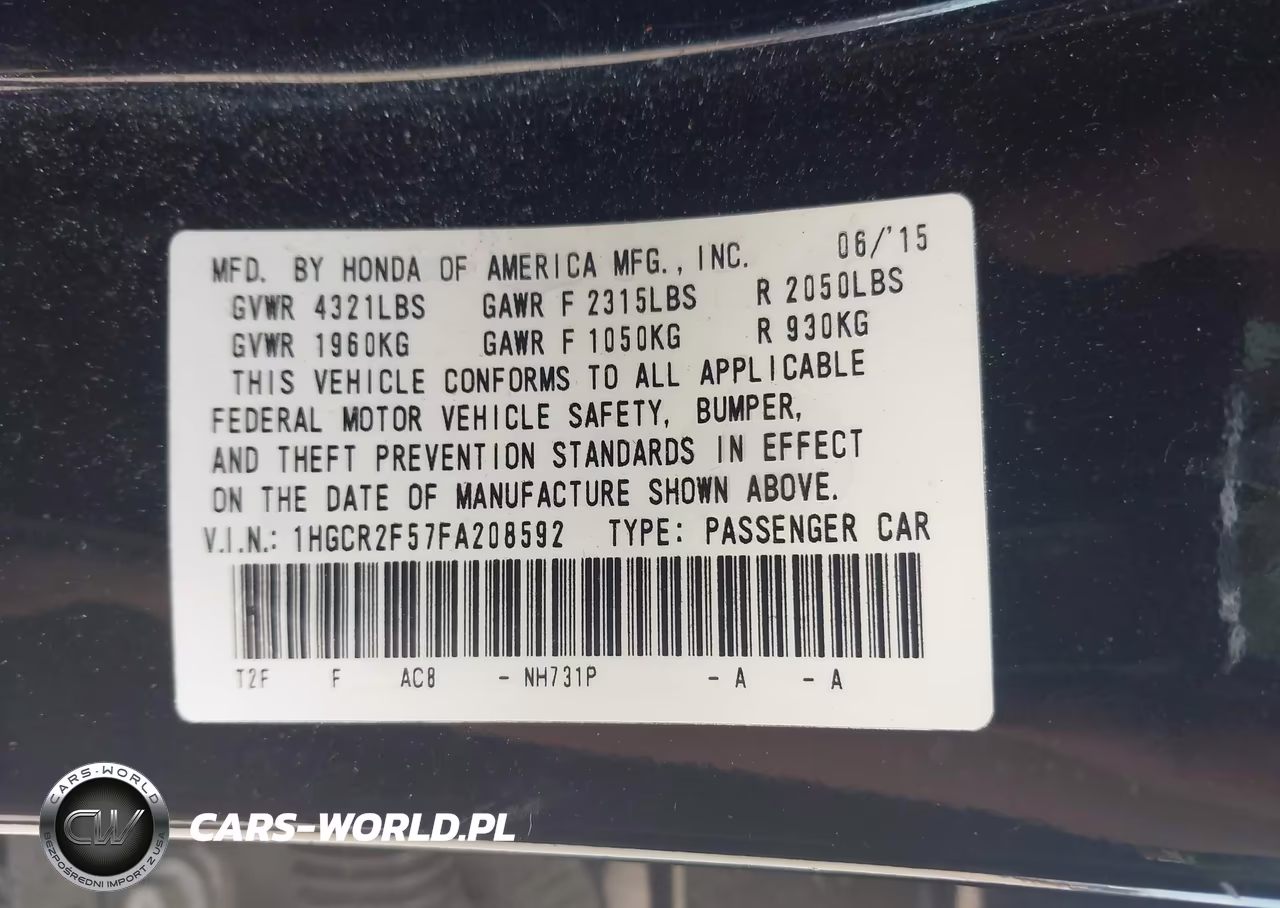 2015 Honda Accord Sport VIN:1HGCR2F57FA208592 - 9