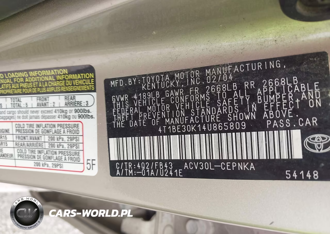 2004 Toyota Camry Le VIN:4T1BE30K14U865809 - 9