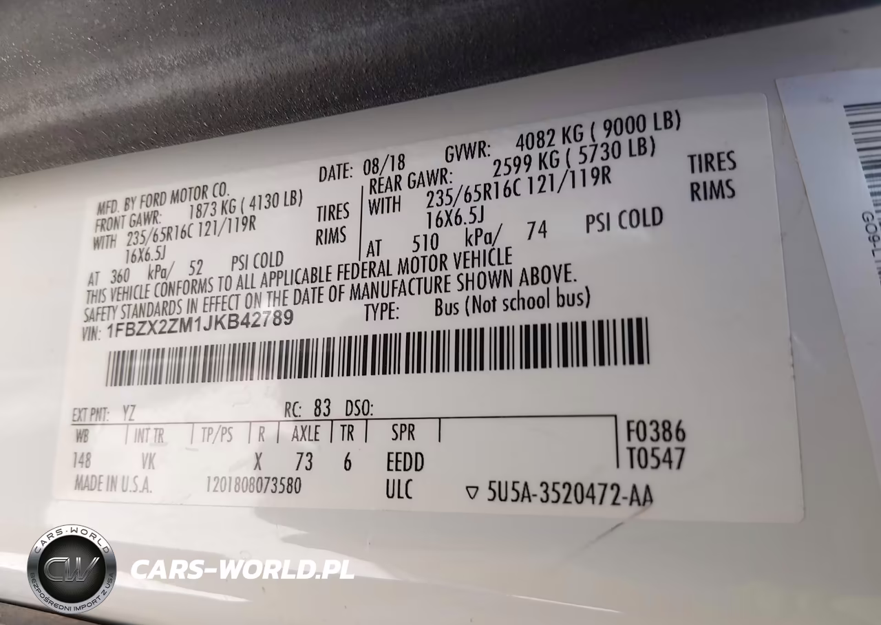 2018 Ford Transit T-350 VIN:1FBZX2ZM1JKB42789 - 9