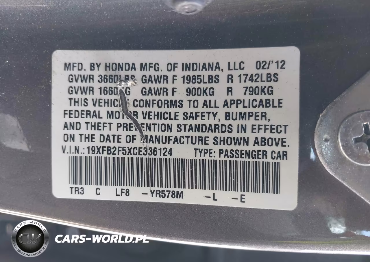 2012 Honda Civic Lx VIN:19XFB2F5XCE336124 - 9