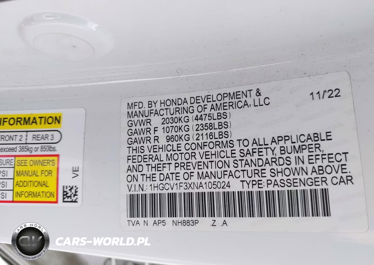 2022 Honda Accord Sport VIN:1HGCV1F3XNA105024 - 9