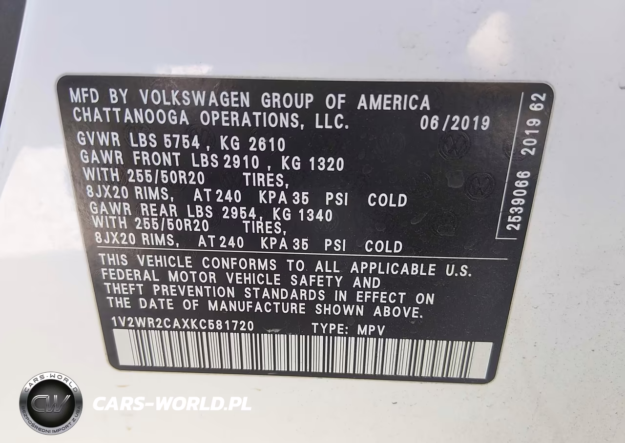 2019 Volkswagen Atlas 3.6L V6 Se W-Technology VIN:1V2WR2CAXKC581720 - 9