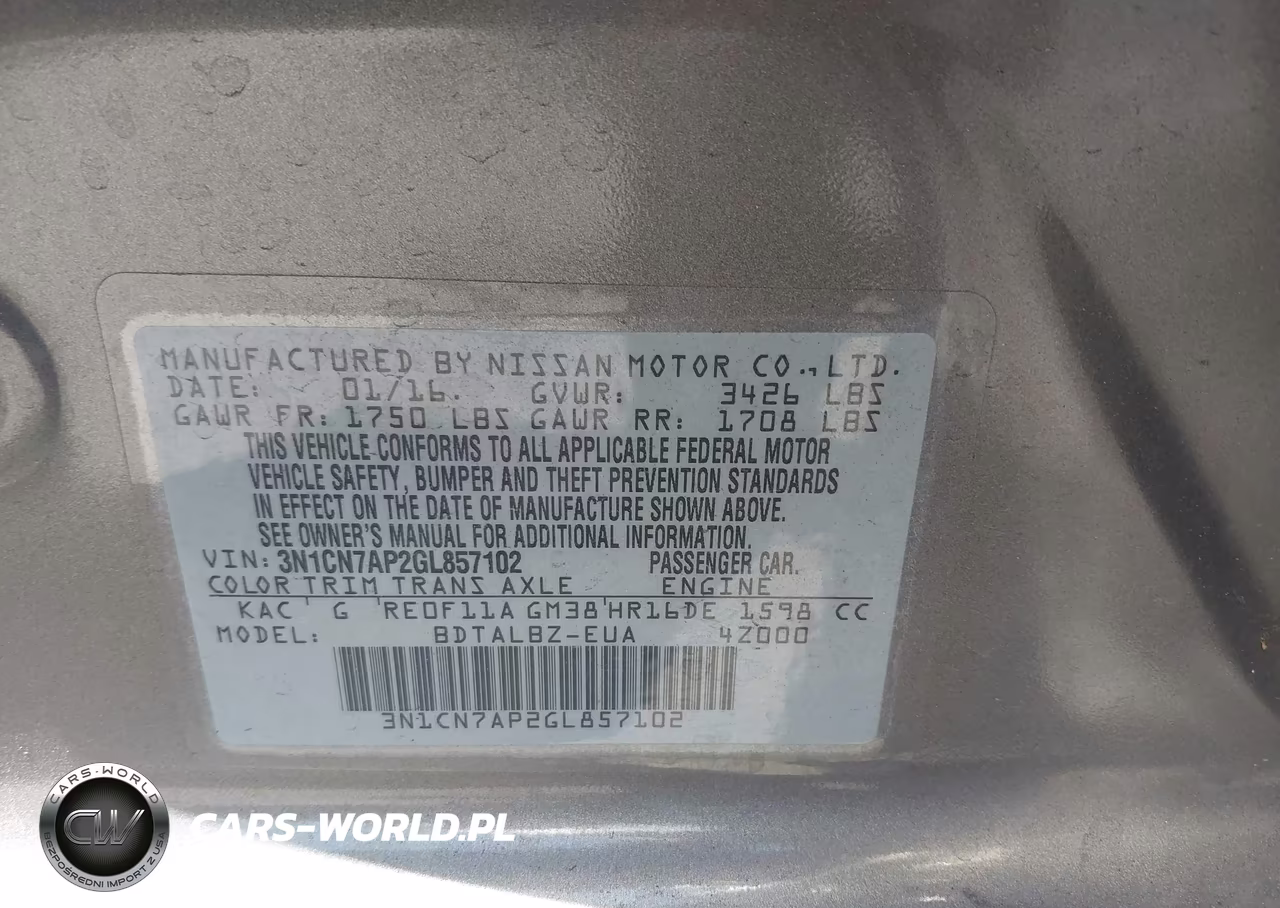 2016 Nissan Versa 1.6 S-1.6 S+-1.6 Sl-1.6 Sv VIN:3N1CN7AP2GL857102 - 9