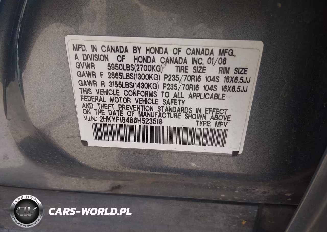2006 Honda Pilot Ex VIN:2HKYF18486H523518 - 9