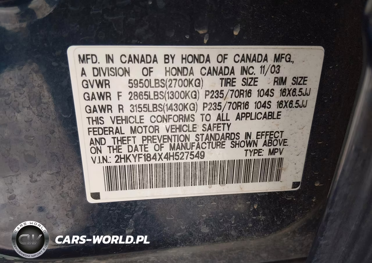 2004 Honda Pilot Ex VIN:2HKYF184X4H527549 - 9