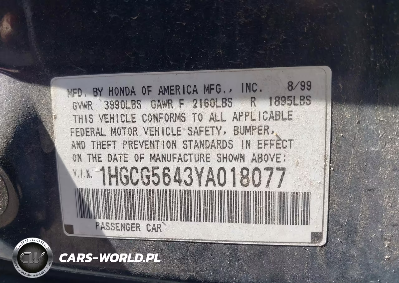 2000 Honda Accord 2.3 Lx VIN:1HGCG5643YA018077 - 9