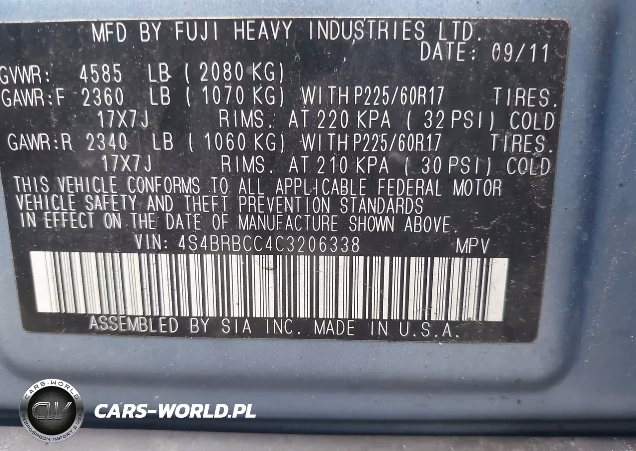 2012 Subaru Outback 2.5I Premium VIN:4S4BRBCC4C3206338 - 9