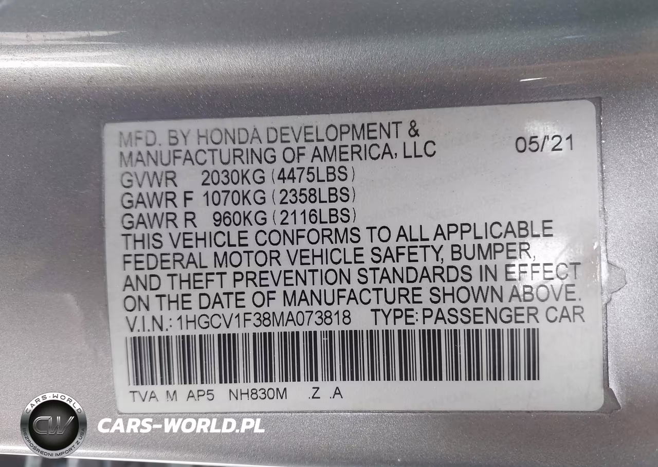 2021 Honda Accord Sport VIN:1HGCV1F38MA073818 - 9