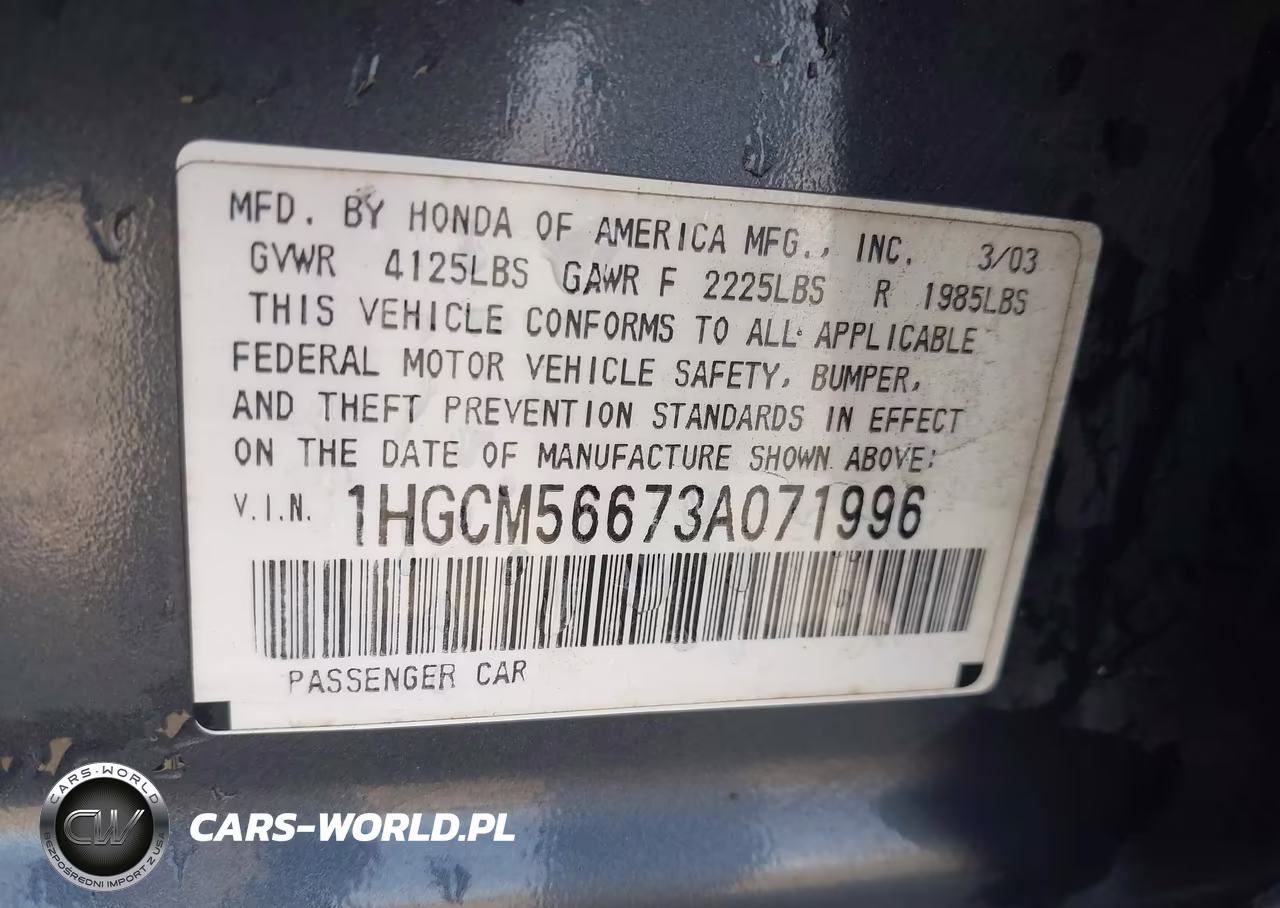 2003 Honda Accord 2.4 Ex VIN:1HGCM56673A071996 - 9