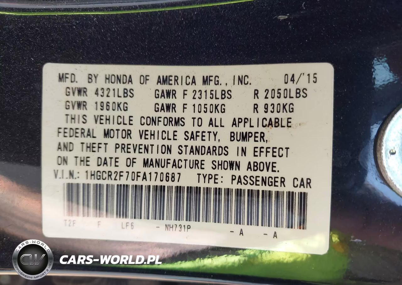2015 Honda Accord Ex VIN:1HGCR2F70FA170687 - 9
