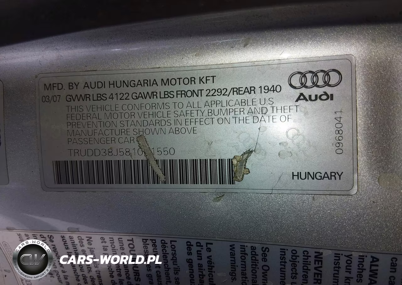 2008 Audi Tt 3.2 VIN:TRUDD38J581001550 - 9